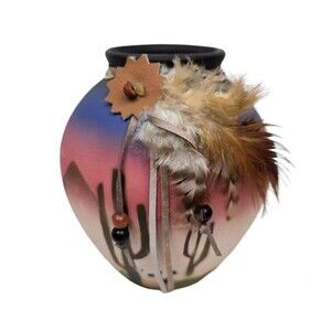 Native American Navajo Pottery Pot Vase Sonora Desert Sunset Hand Painted 5.5"